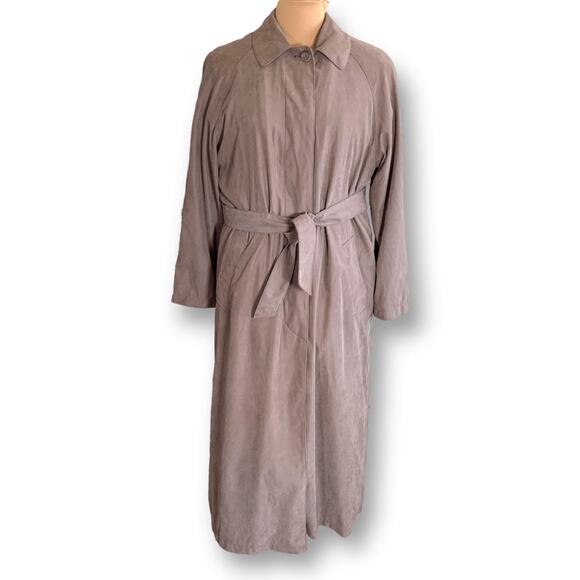 Vintage 90s London Fog Faux Suede Tan Trench Coat Belted Size 6 Zip Lining Fall